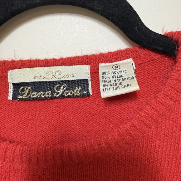 Vintage 80s Dana Scott Sweater Red Black Bows Womens M Beaded Accents - Picture 3 of 5